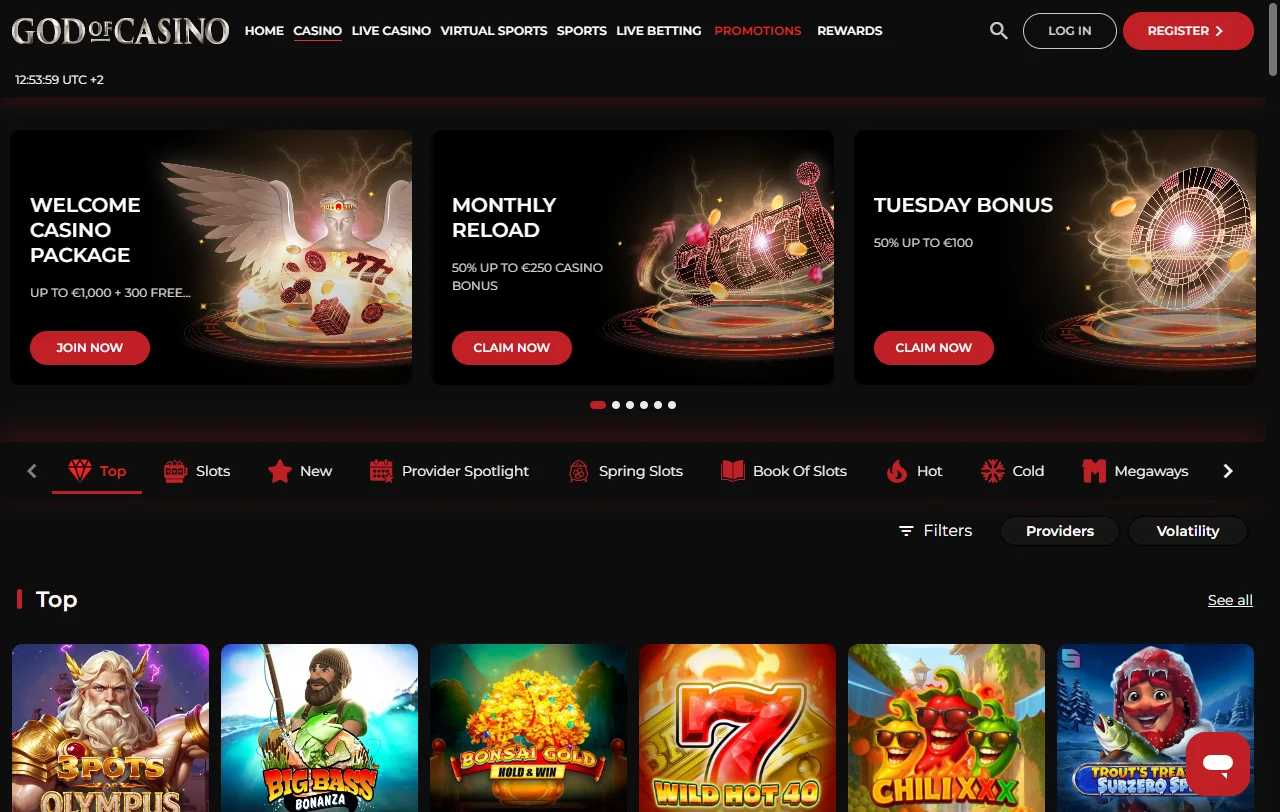 Seleção jogos e provedores principais no God of Casino Brasil