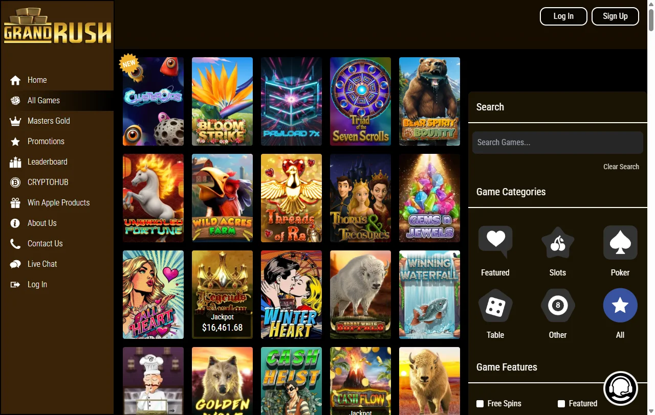 Seleção jogos slots e fornecedores no Grand Rush Casino Brasil
