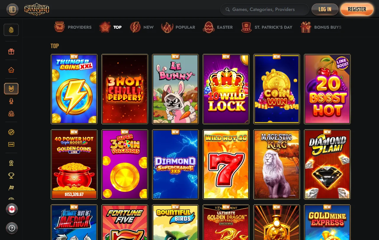 Jogos slots e live casino no Gransino Casino Brasil