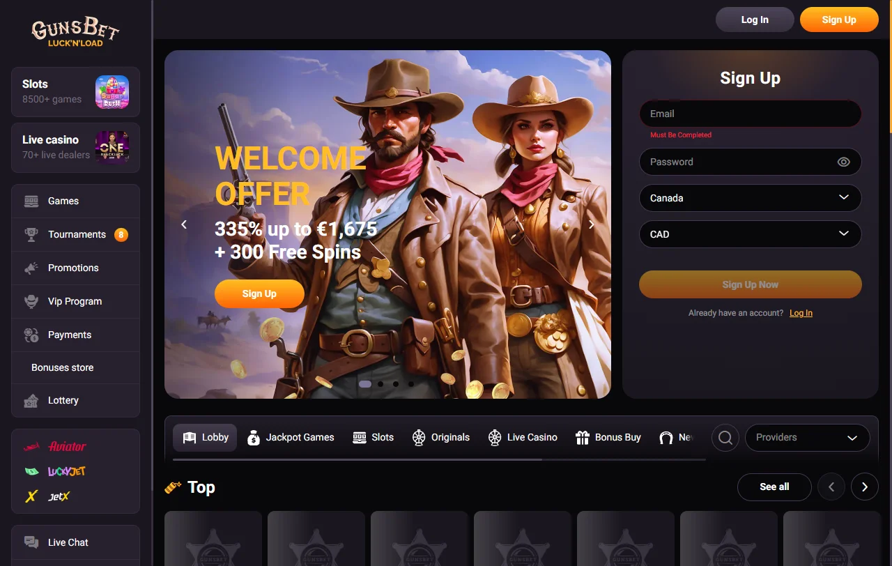 Gunsbet Casino Brasil interface completa com menu de navegação e catálogo de jogos