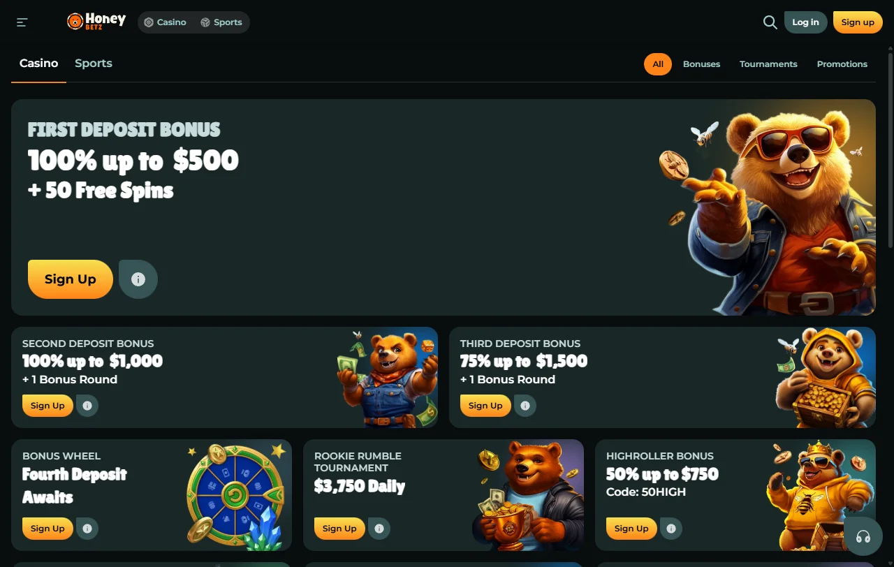 Jogos slots e live casino no HoneyBetz Casino Brasil