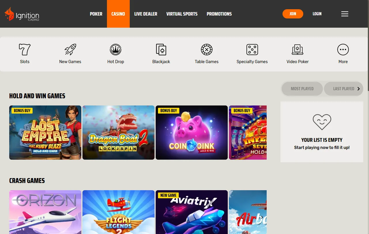 Slots e jogos de mesa disponíveis no Ignition Casino Brasil