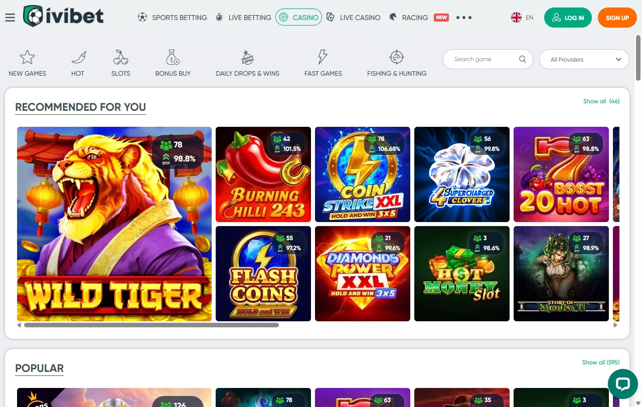 Jogos slots e live casino no Ivibet Casino Brasil