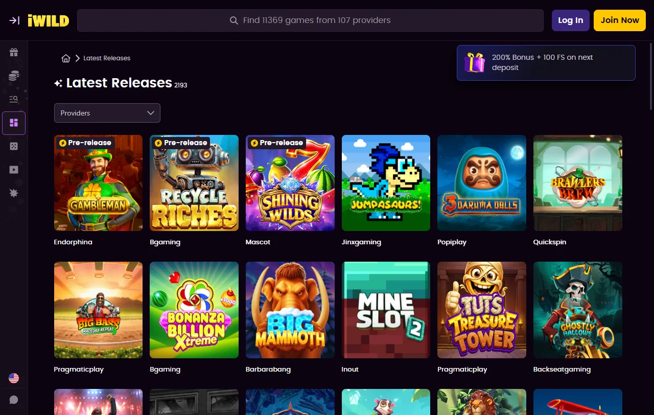 Biblioteca slots e jogos ao vivo no iWild Casino Brasil por provedores top