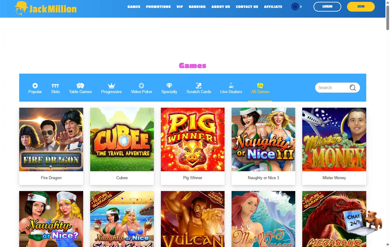 Slots mesas e jogos ao vivo no Jack Million Casino Brasil
