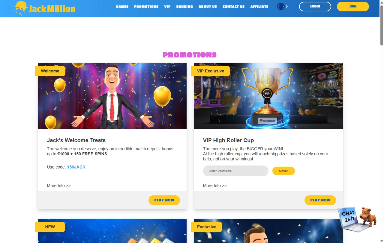 Bônus de boas-vindas e promoções Jack Million Casino Brasil