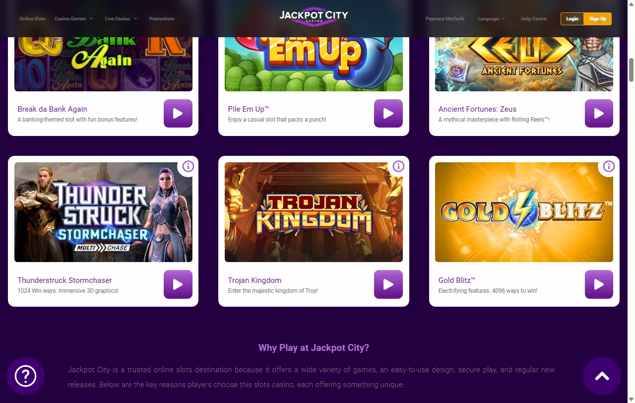 Jogos slots e live no Jackpot City Casino Brasil catálogo