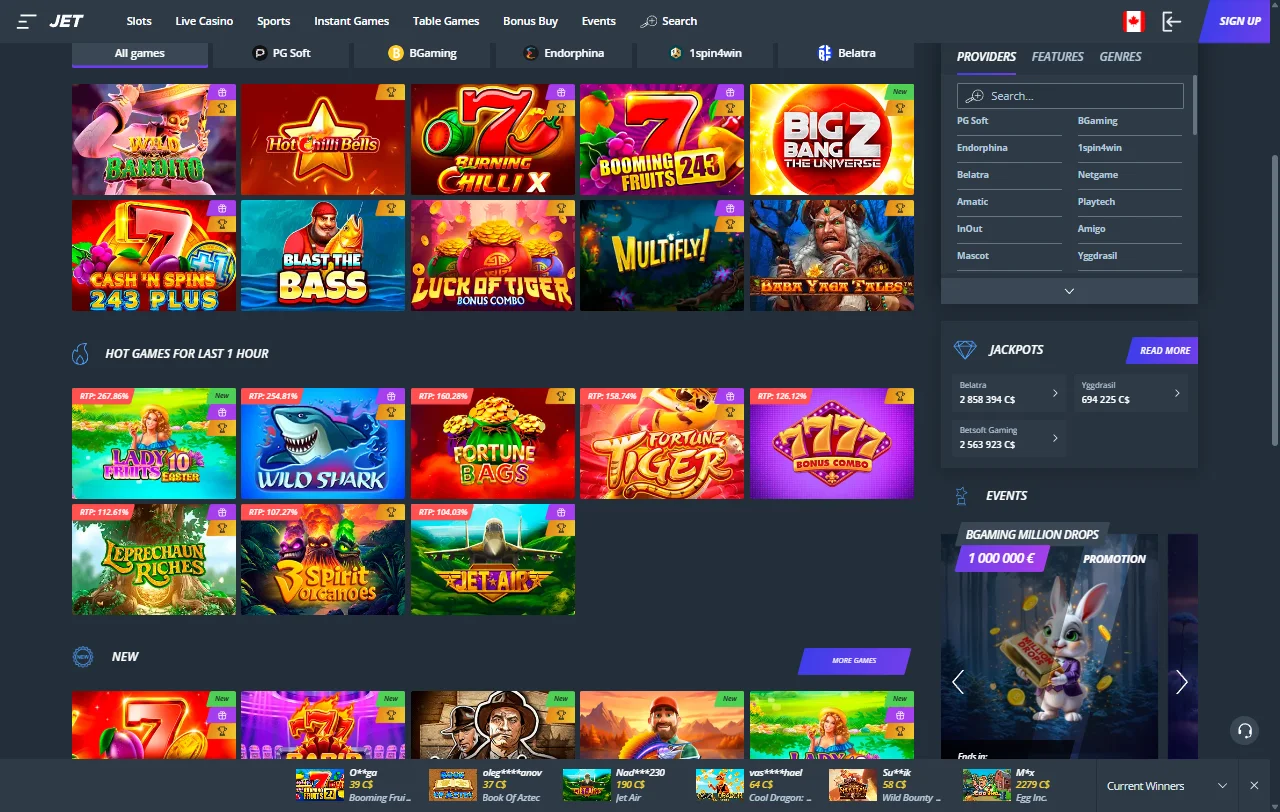 Catálogo de jogos do Jet Casino Brasil com slots, dealer ao vivo e crash games