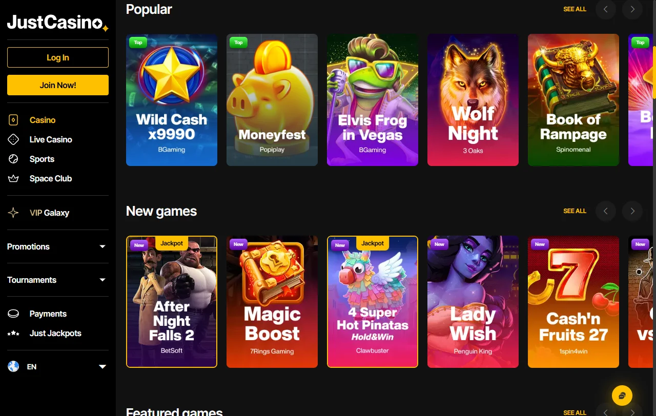 Seleção de jogos e provedores principais Just Casino Brasil