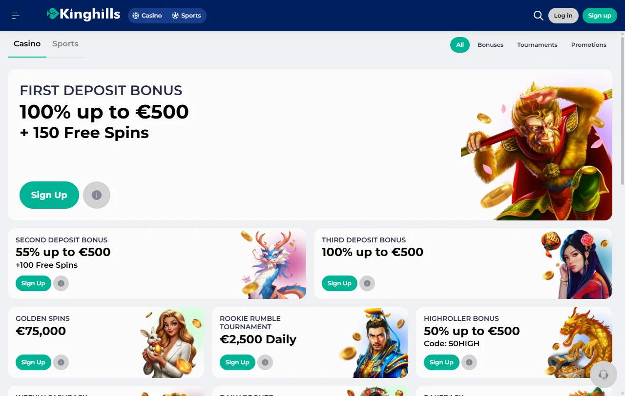 Jogos slots e live casino disponíveis no KingHills Casino Brasil