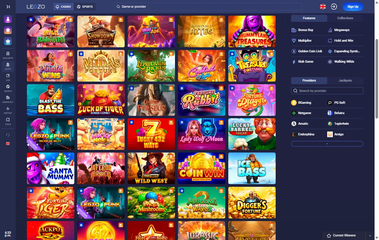 Slots e jogos de entretenimento disponíveis no Legzo Casino Brasil