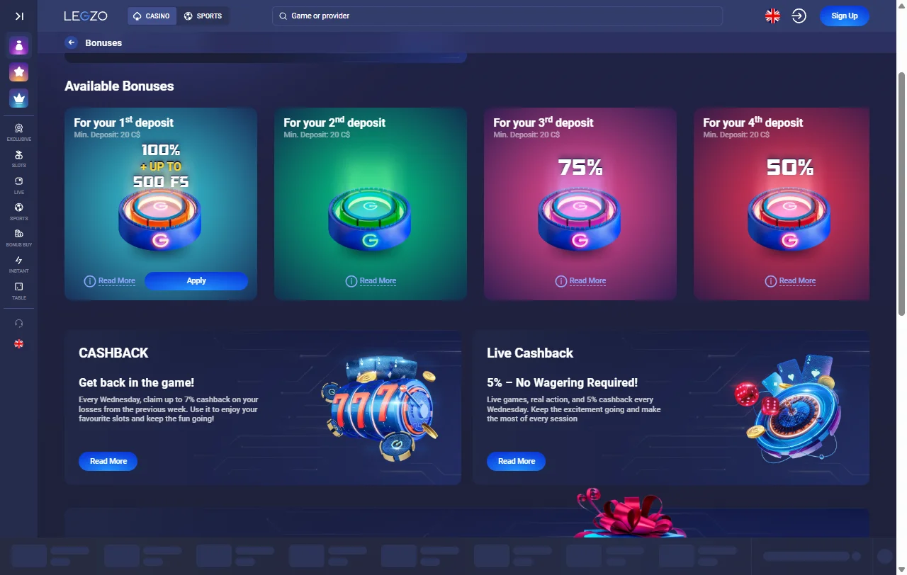 Ofertas de bônus de boas-vindas no Legzo Casino Brasil