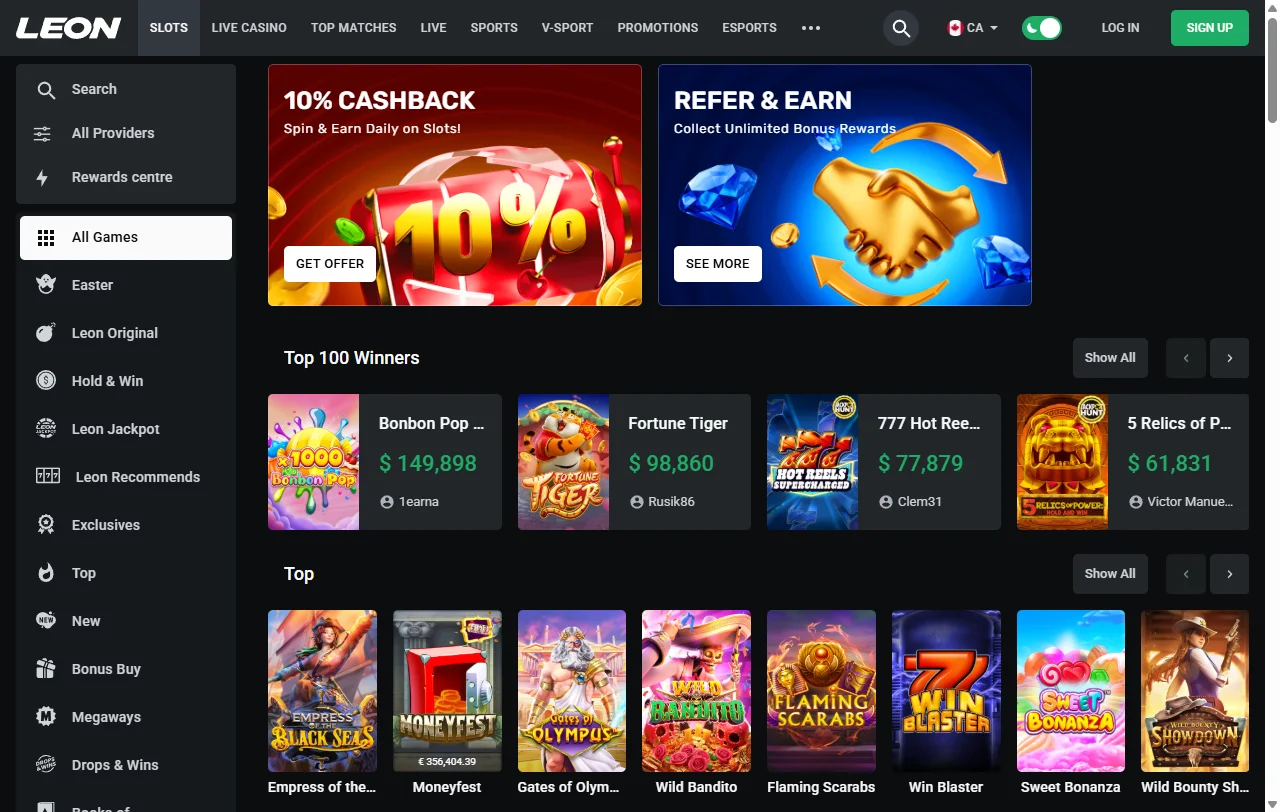Jogos slots e ao vivo disponíveis no Leon Casino Brasil