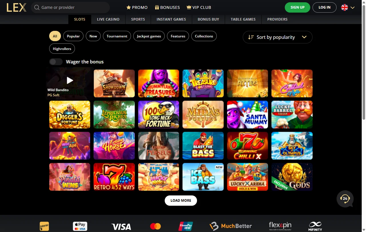 Seleção jogos e provedores principais Lex Casino Brasil