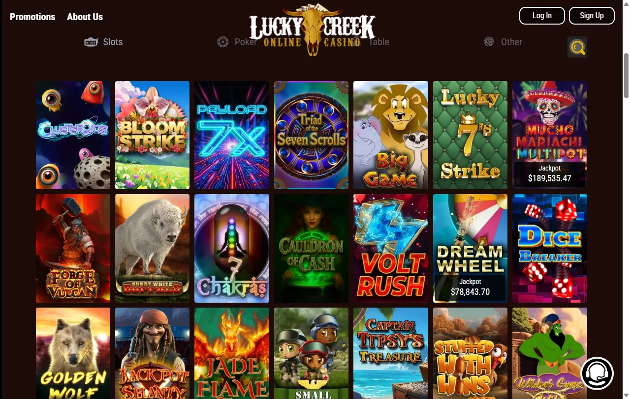 Jogos slots e live dealer no Lucky Creek Casino Brasil