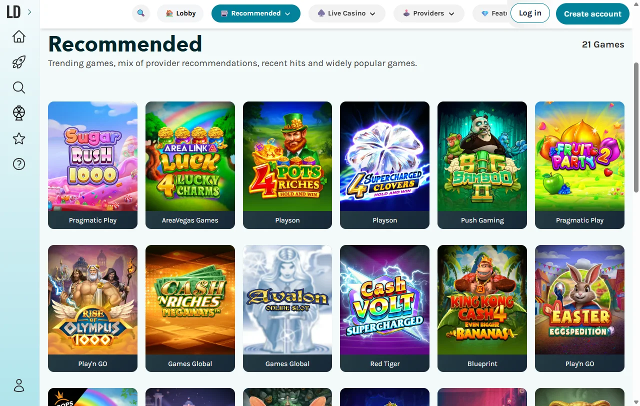 Jogos slots e live casino disponíveis no LuckyDays Casino Brasil