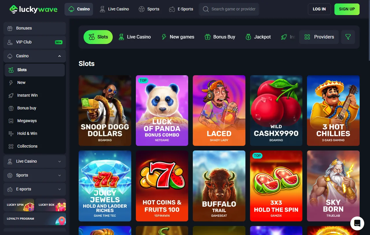 Catálogo de jogos e provedores de software disponíveis na plataforma LuckyWave Casino Brasil