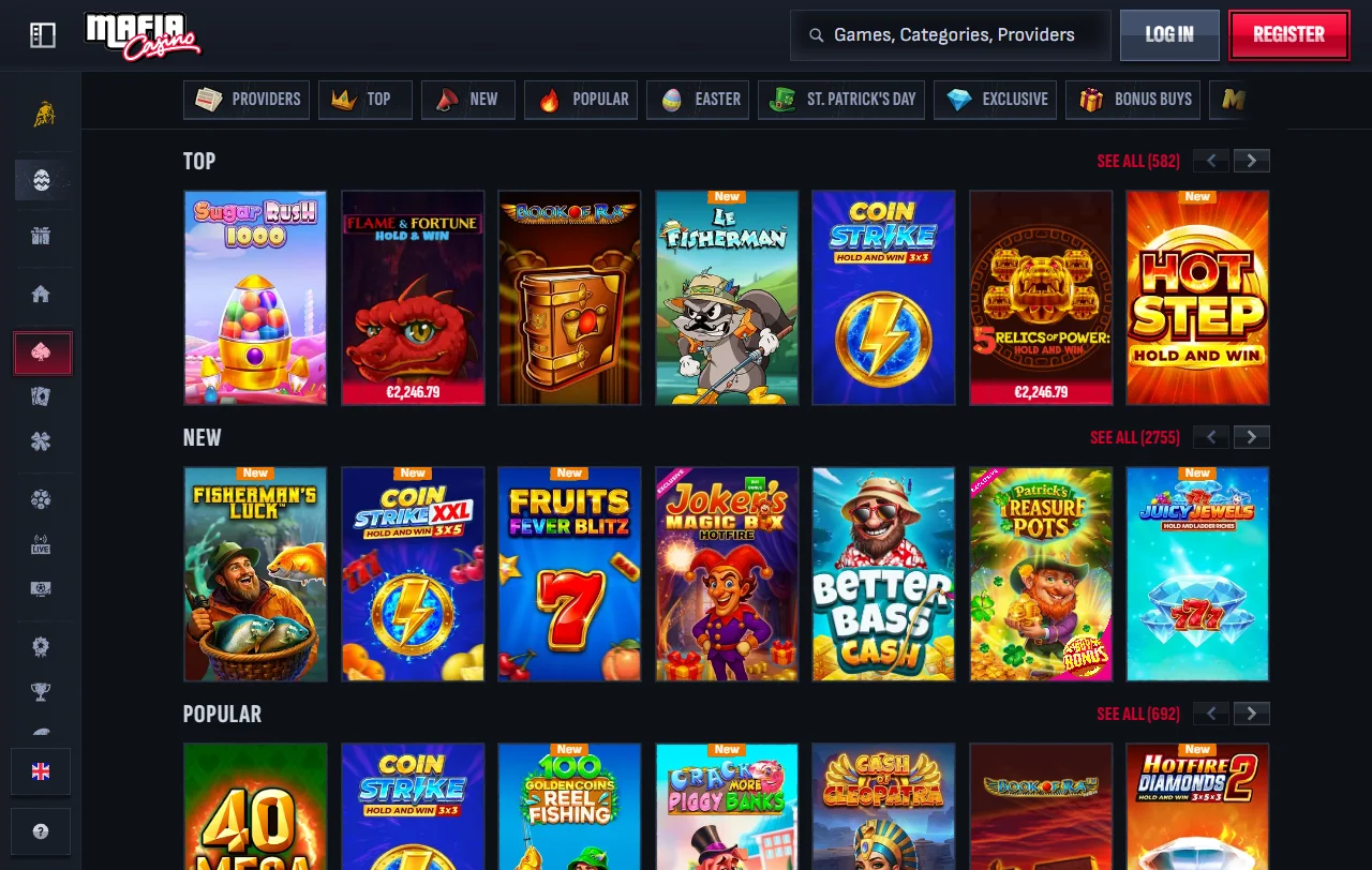Jogos slots mesas e live casino disponíveis no Mafia Casino Brasil