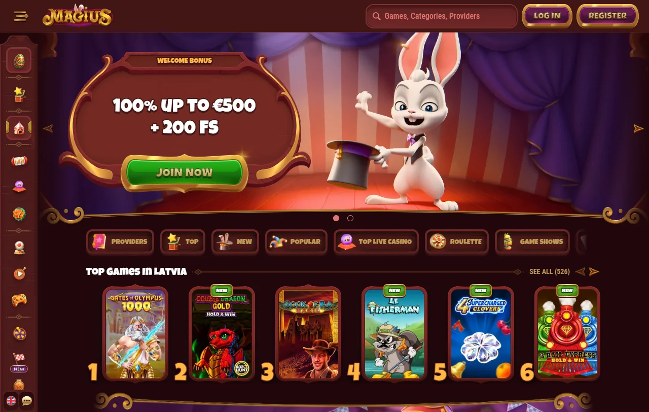Magius Casino Brasil página inicial com catálogo de 2.500+ jogos e interface de navegação