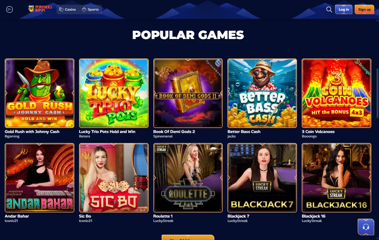 Jogos slots e live casino na Manekispin Casino Brasil