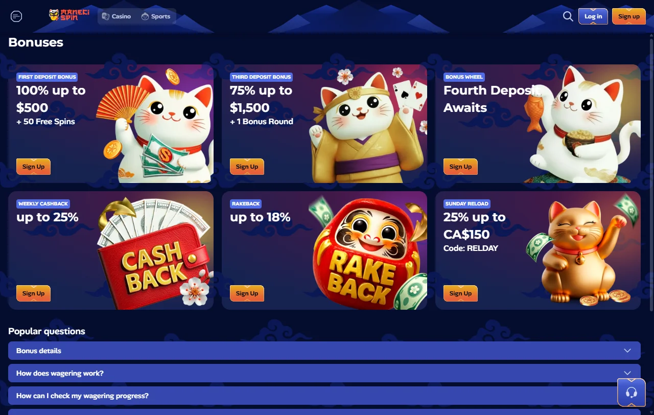 Bônus de boas-vindas e promoções Manekispin Casino Brasil