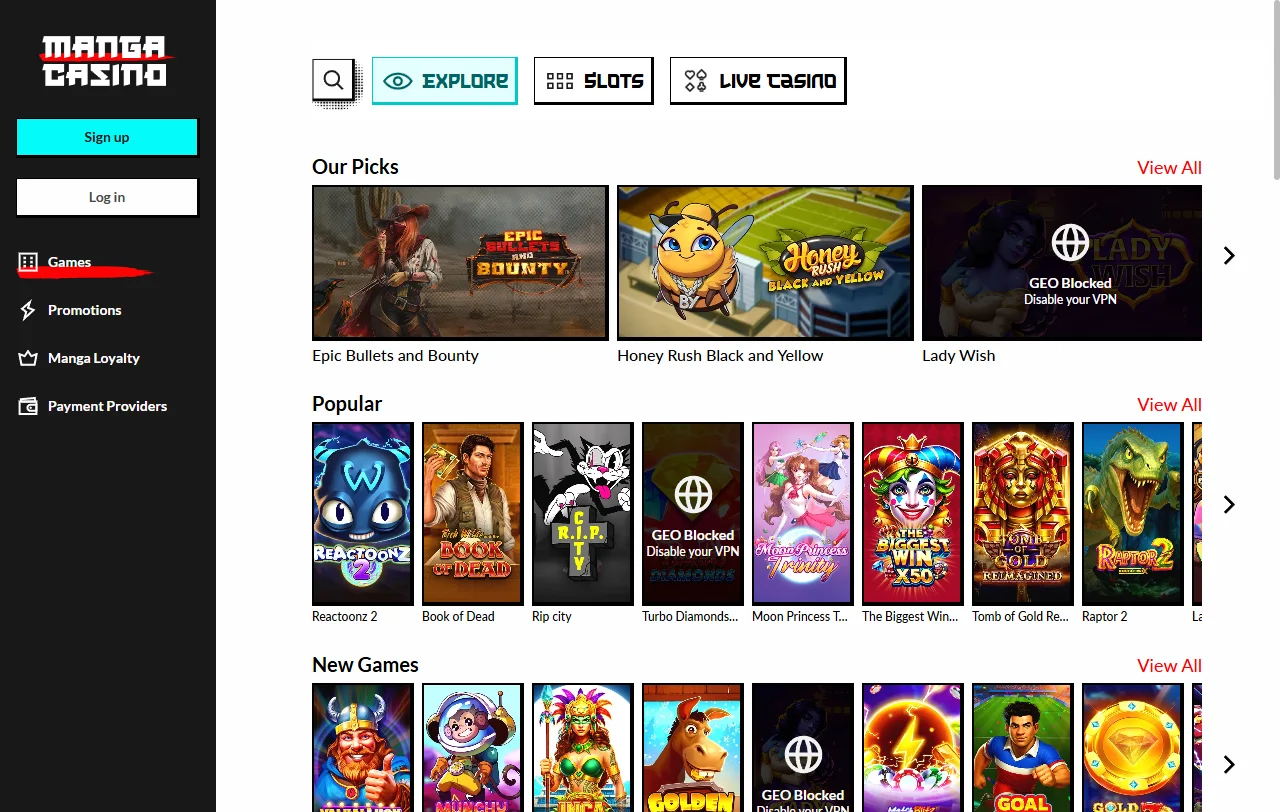 Jogos slots mesas e live casino disponíveis no Manga Casino Brasil