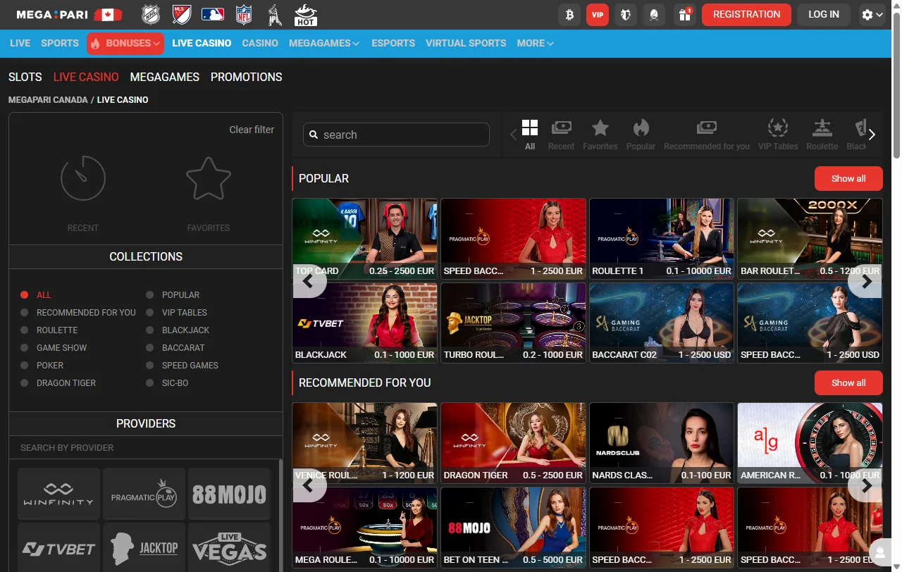 Jogos slots e live casino no Megapari Casino Brasil