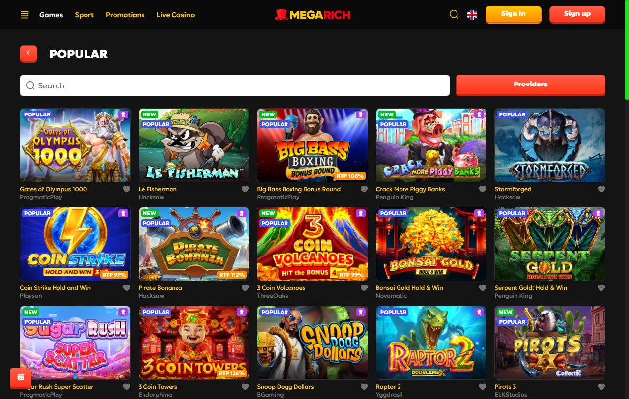 Slots e jogos de mesa disponíveis no Megarich Casino Brasil