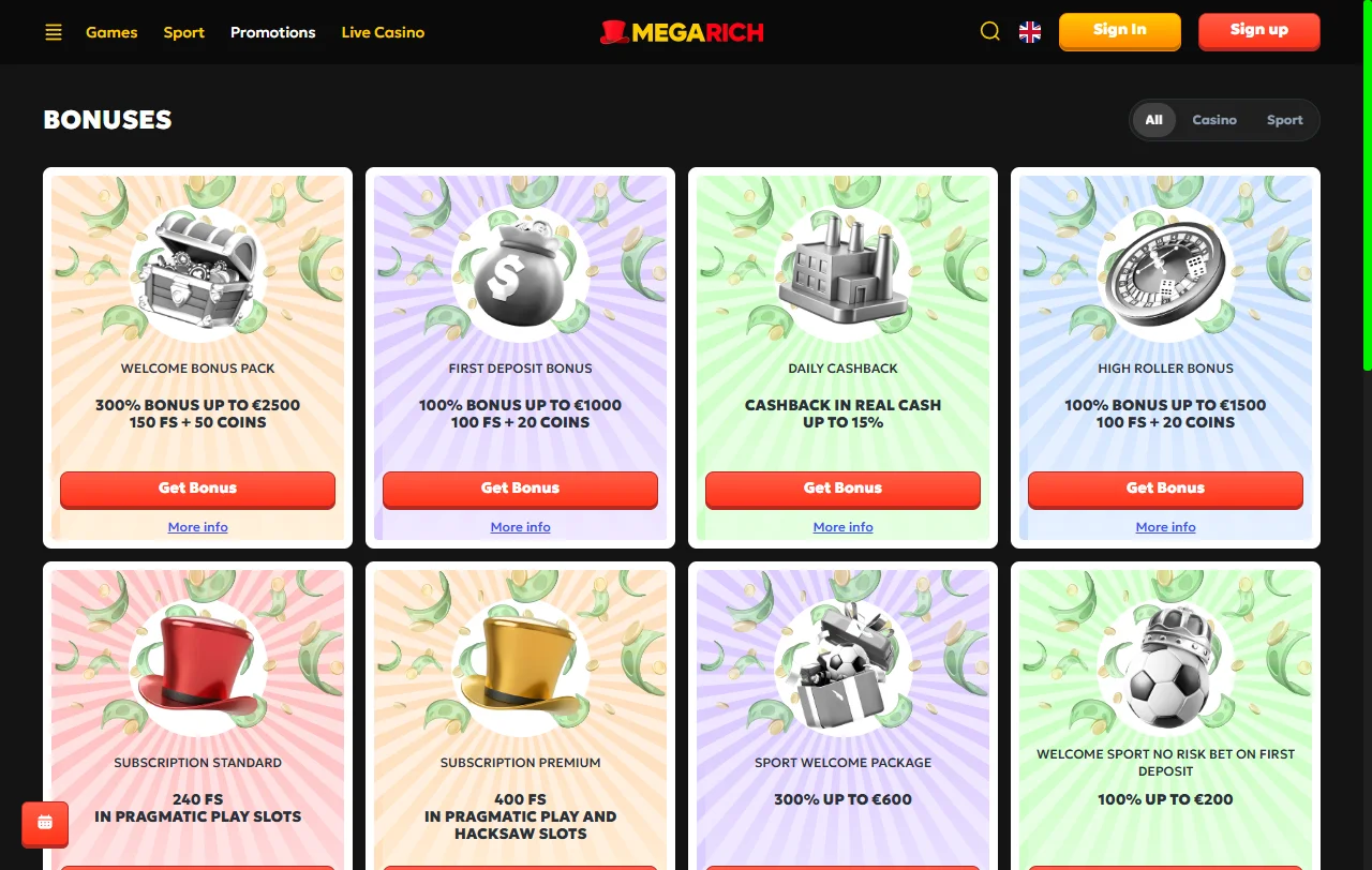 Ofertas de bônus e promoções do Megarich Casino Brasil