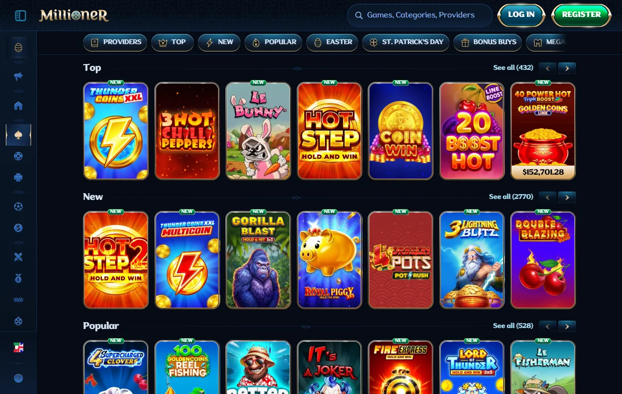 Jogos slots e live casino no Millioner Casino Brasil