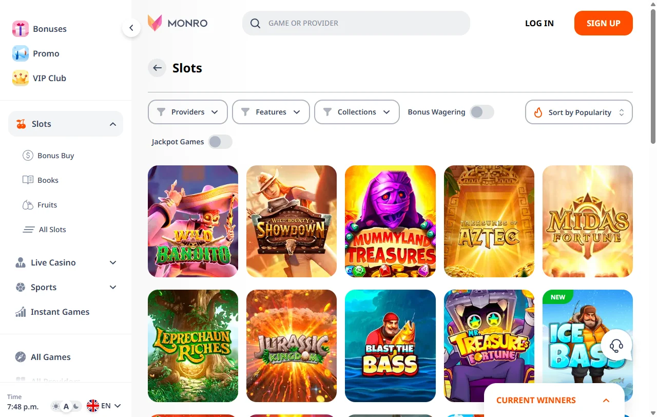 Jogos slots e live casino no Monro Casino Brasil