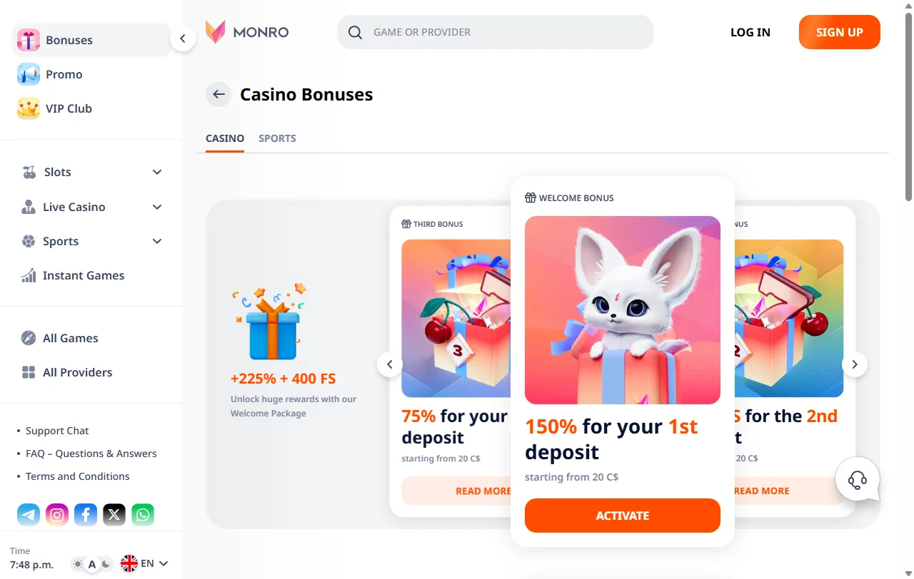 Bônus de boas-vindas e promoções Monro Casino Brasil