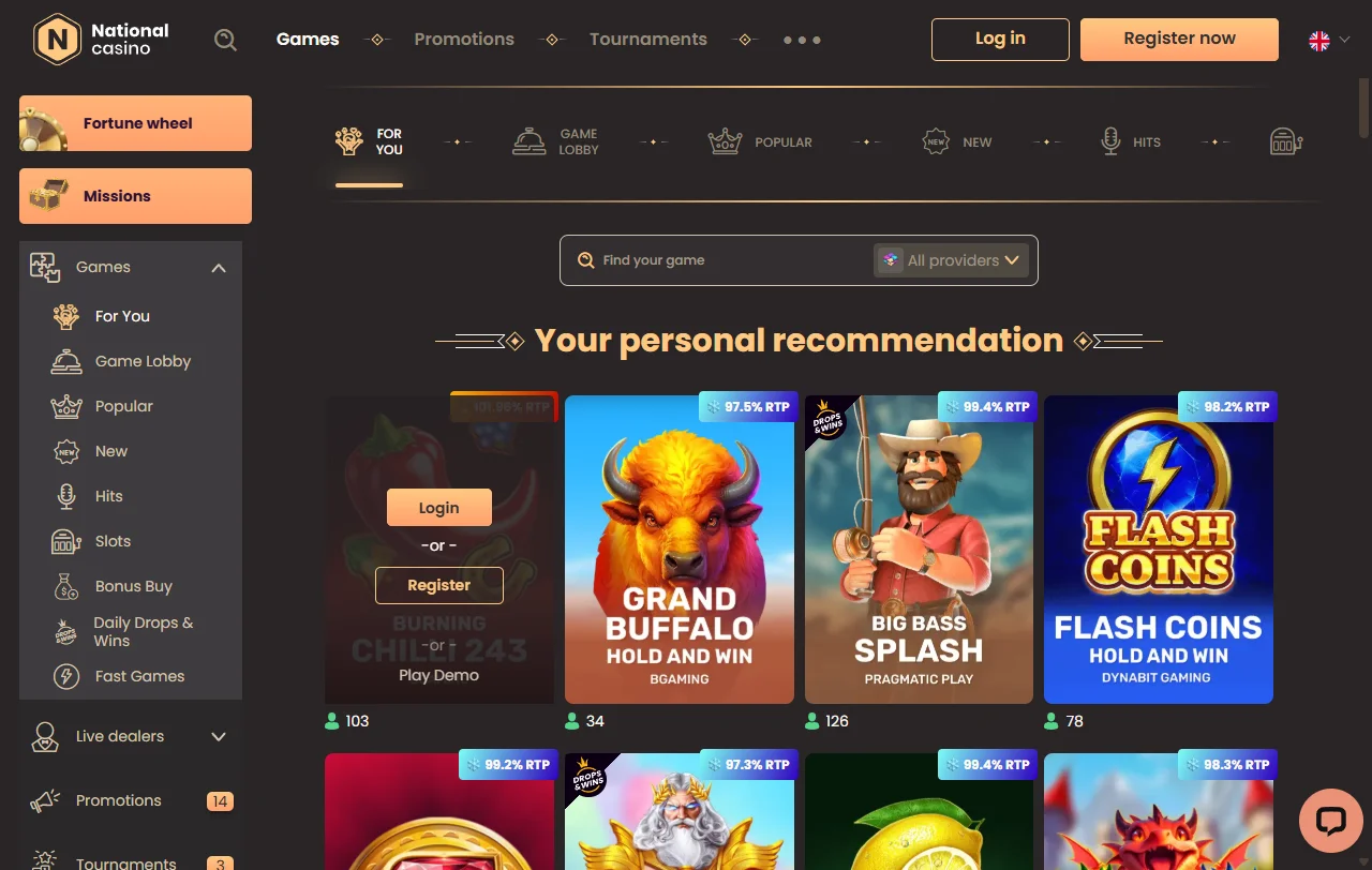 Jogos slots e live casino disponíveis no National Casino Brasil