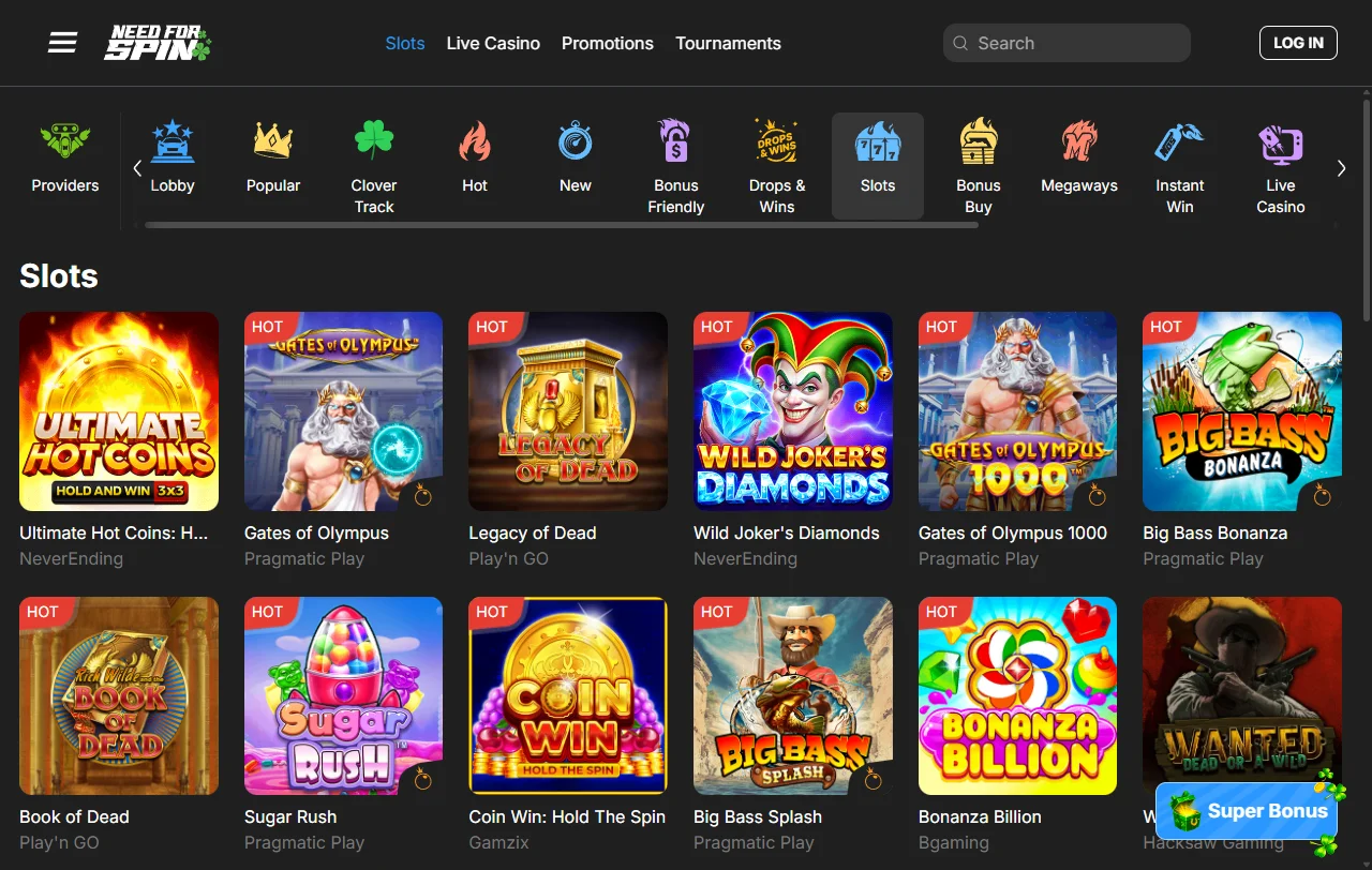 Catálogo de jogos do Need for Spin Casino Brasil incluindo slots populares e provedores de software tier-1