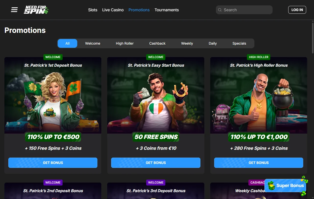 Estrutura de bônus e promoções do Need for Spin Casino Brasil com boas-vindas até 500 BRL