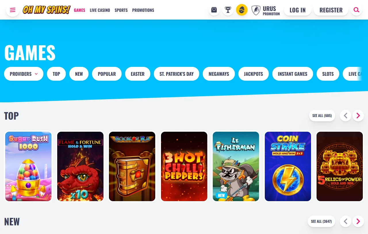 Catálogo de slots, jogos de mesa e experiências ao vivo no Oh My Spins Casino Brasil