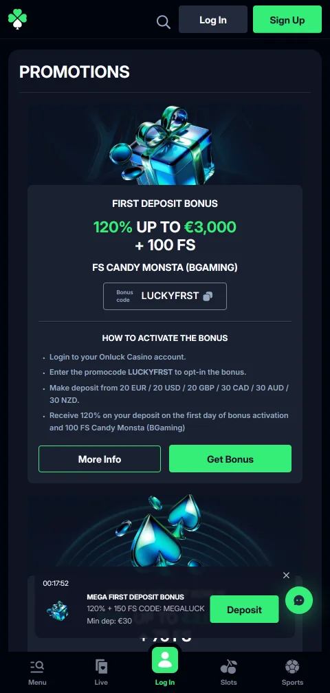 Métodos de depósito e saque Onluck Casino Brasil mobile