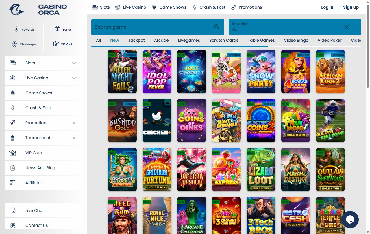 Seleção de jogos e slots no Casino Orca Brasil