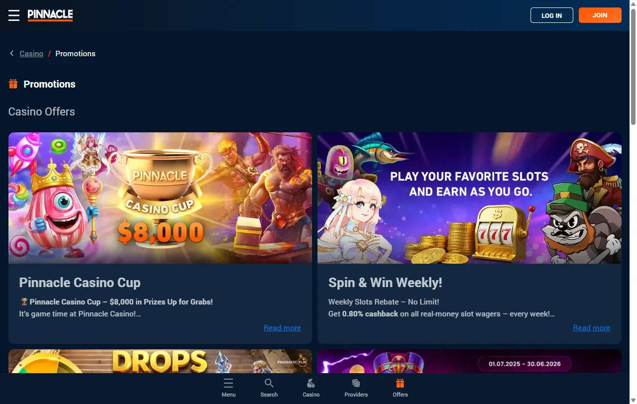 Seleção jogos e provedores principais Pinnacle Casino Brasil