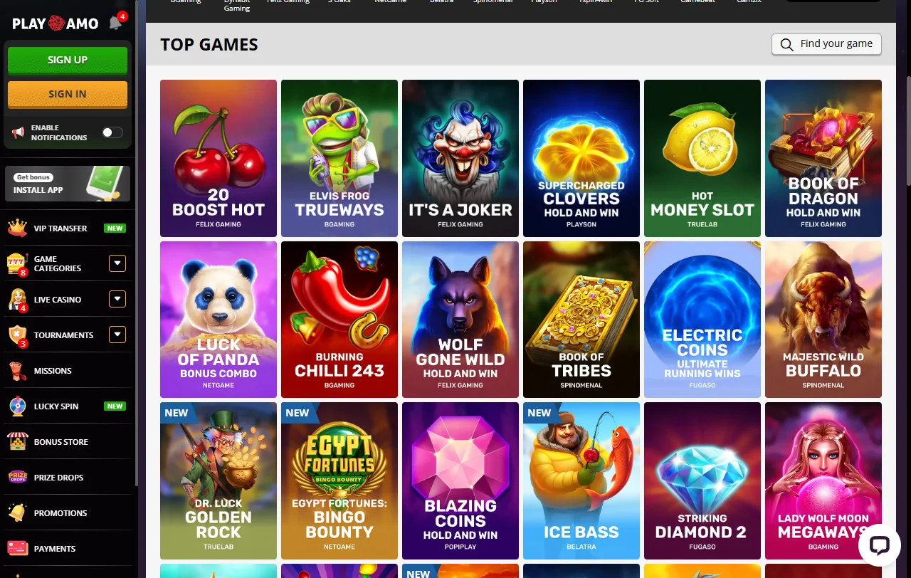 Seleção jogos e provedores principais PlayAmo Casino Brasil