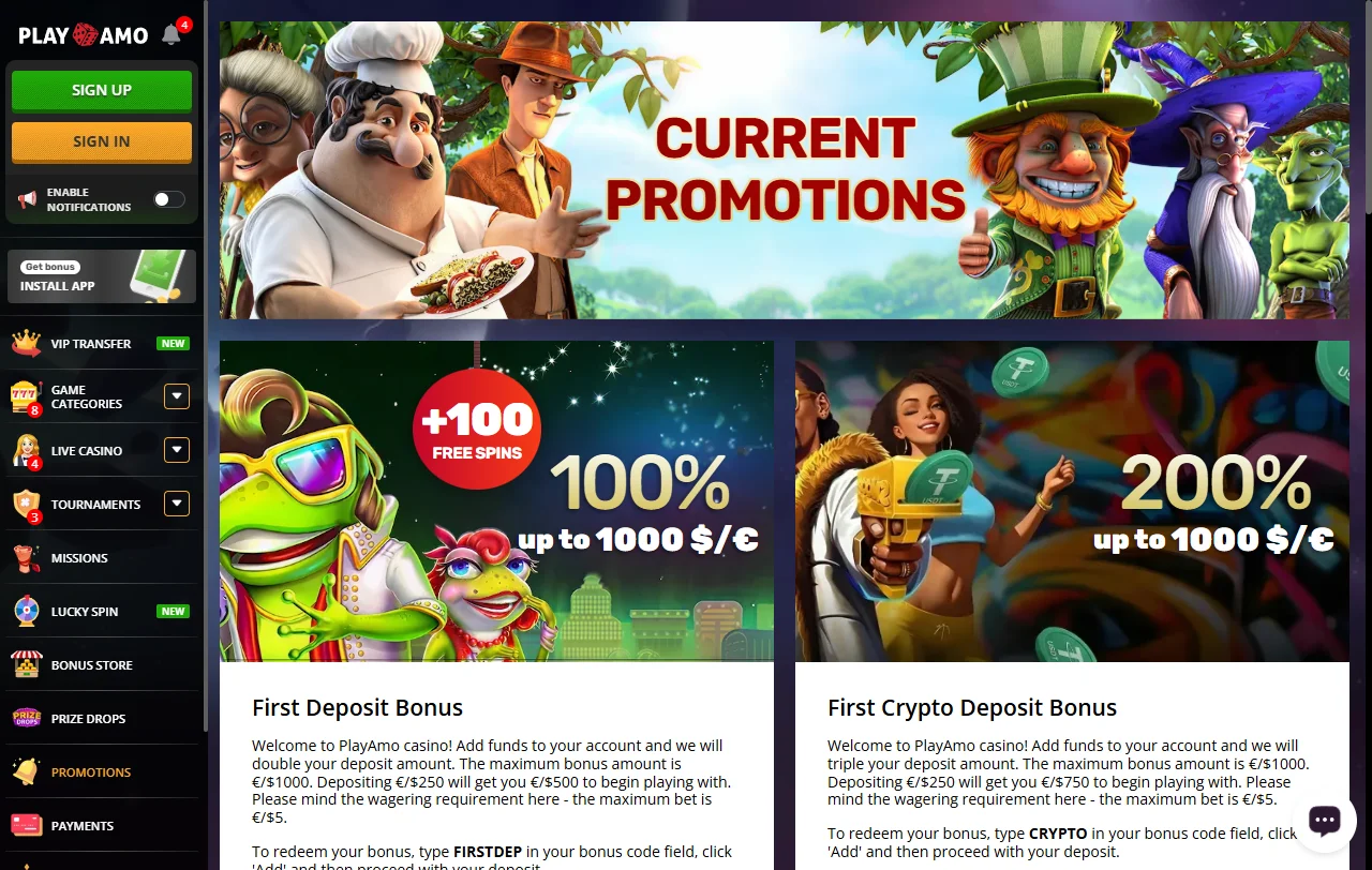 Promoções bônus e ofertas bem-vindas PlayAmo Casino Brasil