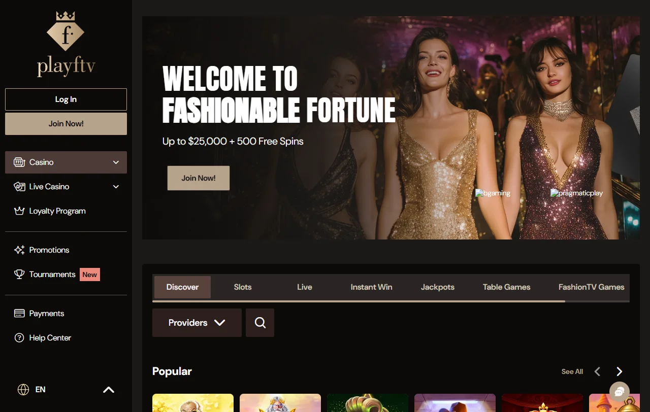Página inicial do PlayFashion TV Casino Brasil com visão geral completa da plataforma