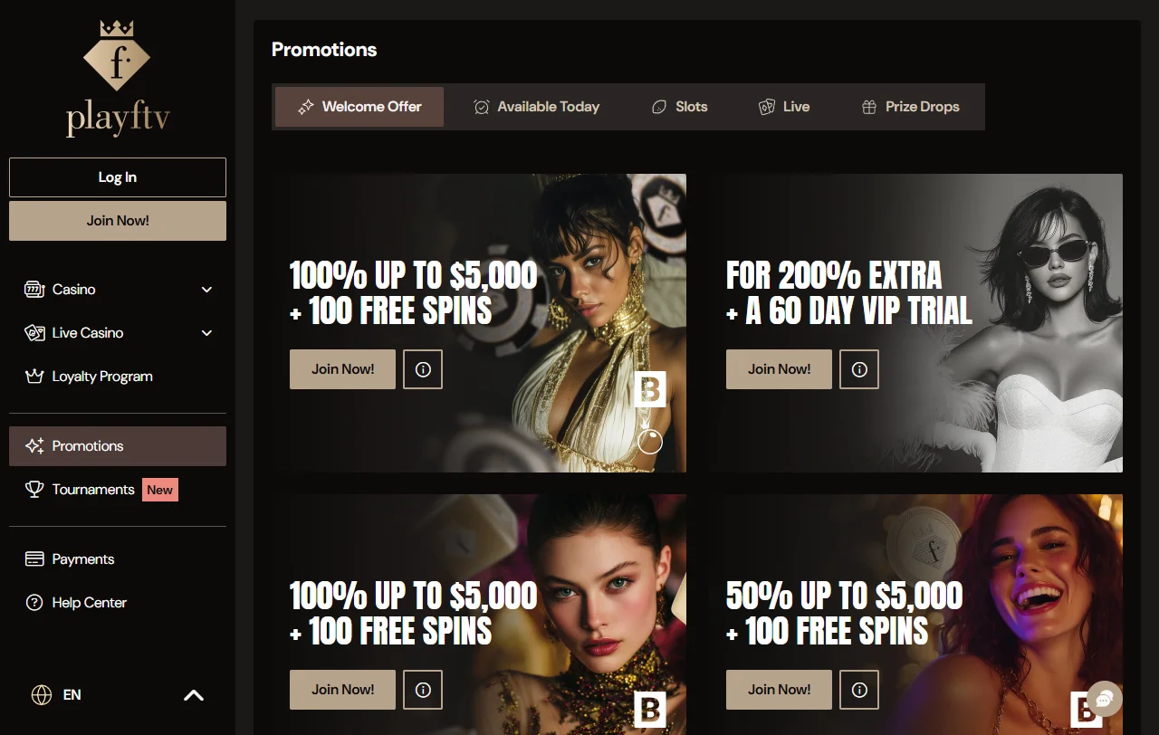 Seção de bônus e promoções do PlayFashion TV Casino Brasil com estrutura de boas-vindas