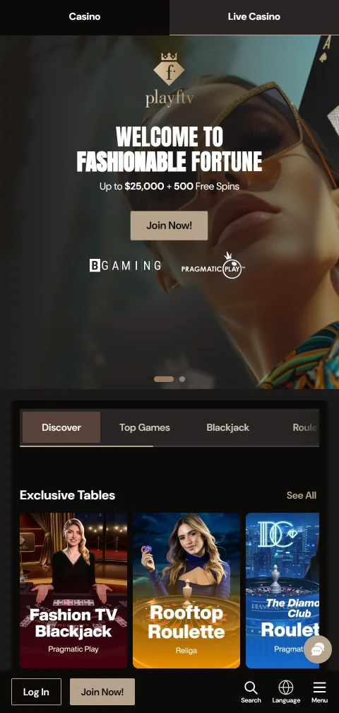 Interface mobile otimizada do PlayFashion TV Casino Brasil com navegação responsiva