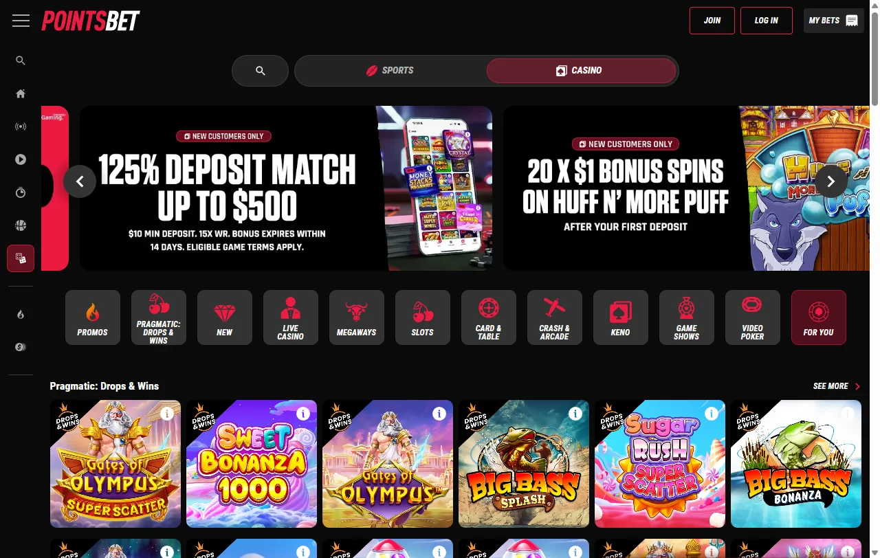 Jogos slots e live casino no PointsBet Casino Brasil