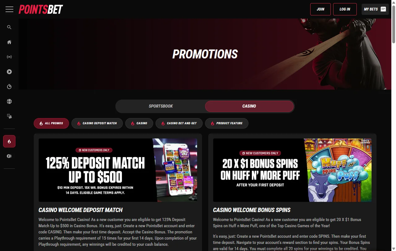 Bônus de boas-vindas e promoções PointsBet Casino Brasil