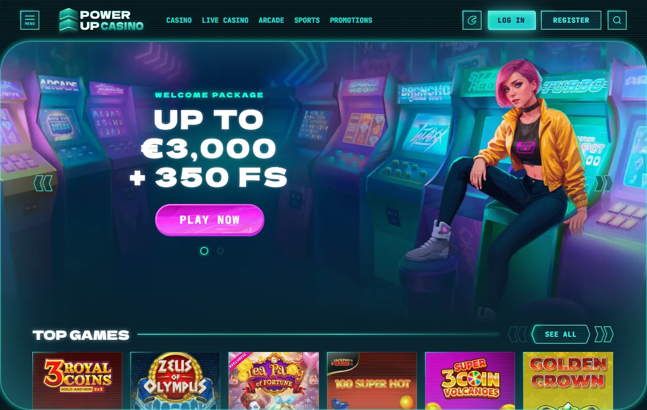 Página inicial do Powerup Casino Brasil mostrando catálogo de jogos e menu de navegação principal