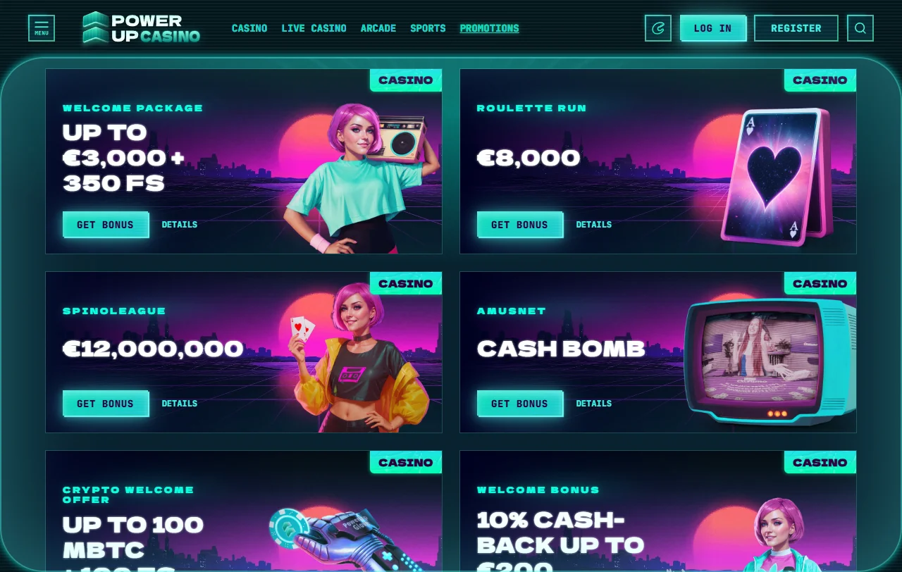 Seção de bônus e promoções do Powerup Casino Brasil com oferta de boas-vindas até 200%