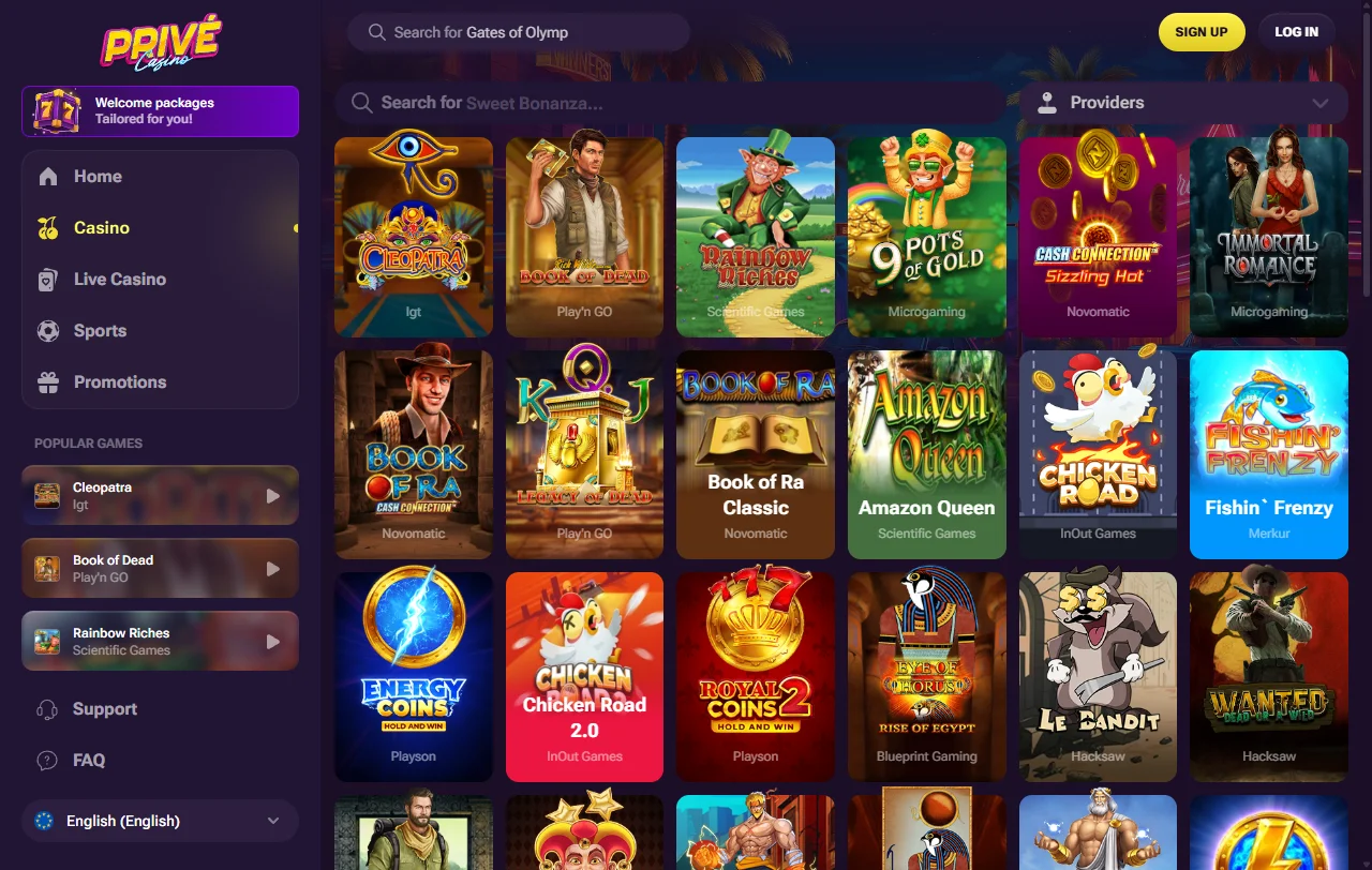 Seleção de jogos e provedores no Prive Casino Brasil