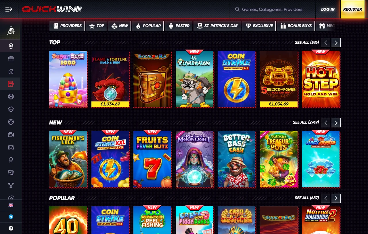 Catálogo de slots, jogos de mesa e dealer ao vivo disponíveis no QuickWin Casino Brasil